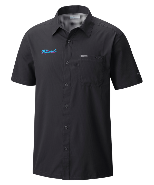 The Columbia Miami HEAT Original Vice Nights Slack Tide Shirt by Columbia Outdoor is a black, short-sleeve button-up with a collar, chest pocket, blue 