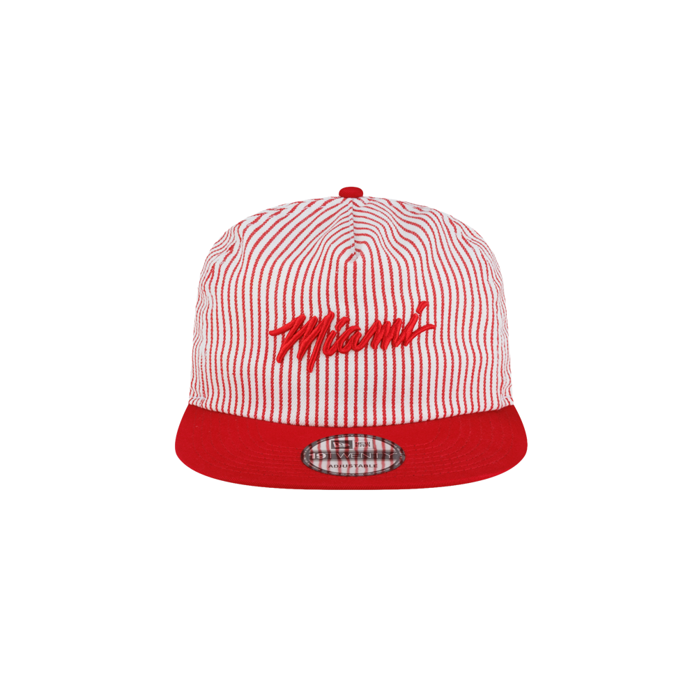 Court Culture x New Era Pinstripes snapback cap featuring a white and red pinstripe crown, a red brim, and red script Miami embroidery on the front.