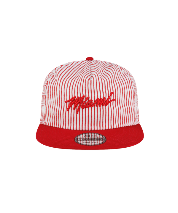 Court Culture x New Era Pinstripes snapback cap featuring a white and red pinstripe crown, a red brim, and red script Miami embroidery on the front.