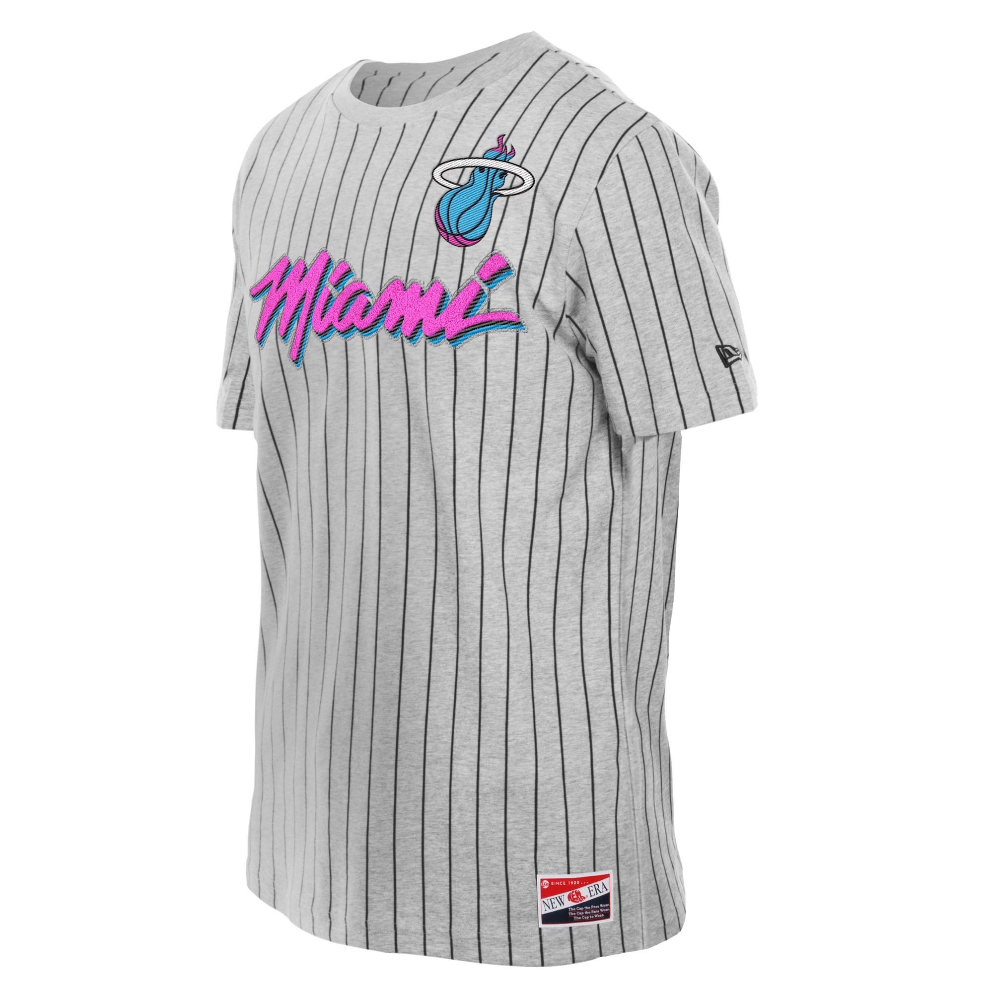 The New Era Miami HEAT Original Vice Nights Striped Tee is a gray short-sleeve shirt with black pinstripes, featuring the Miami Heat logo and “Miami” in pink and blue script. Made from soft cotton-polyester, it includes a small NBA tag at the bottom.