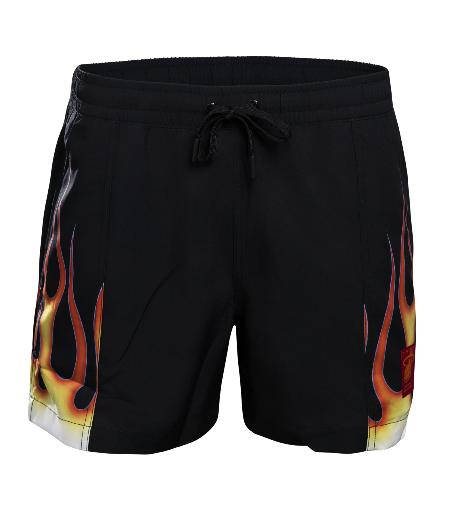 The Court Culture x Duvin “Heatwave” Swim Trunks by Court Culture are black athletic shorts with a drawstring waist, decorated with a yellow and orange flame graphic on both sides near the bottom hem. Inspired by vintage volley shorts, these quick-dry beach trunks bring Miami HEAT swim short style to both land and water.