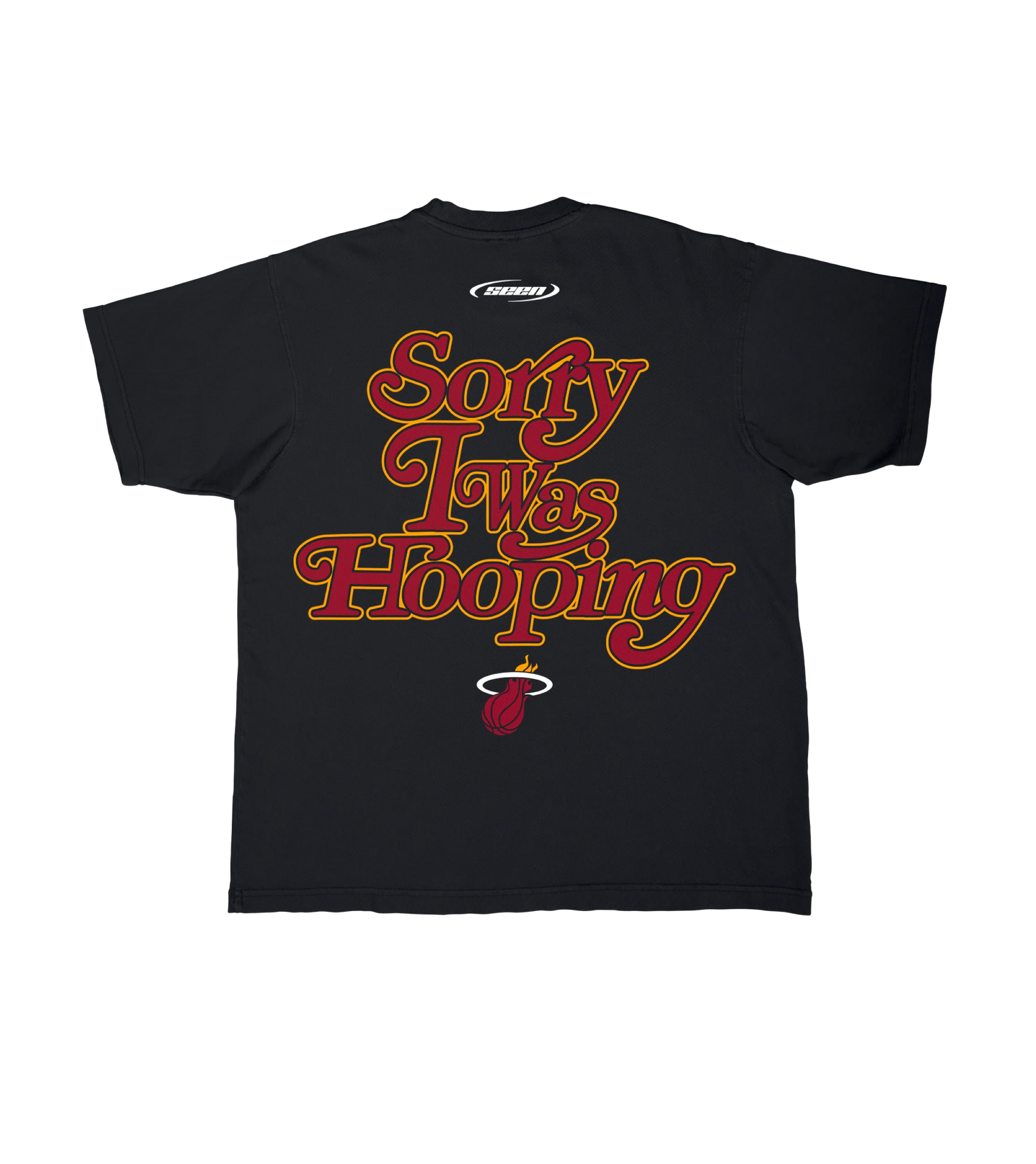 The Stadium Essentials Miami HEAT 'Sorry I Was Hooping' Tee is a black cotton oversized t-shirt with bold red and gold 