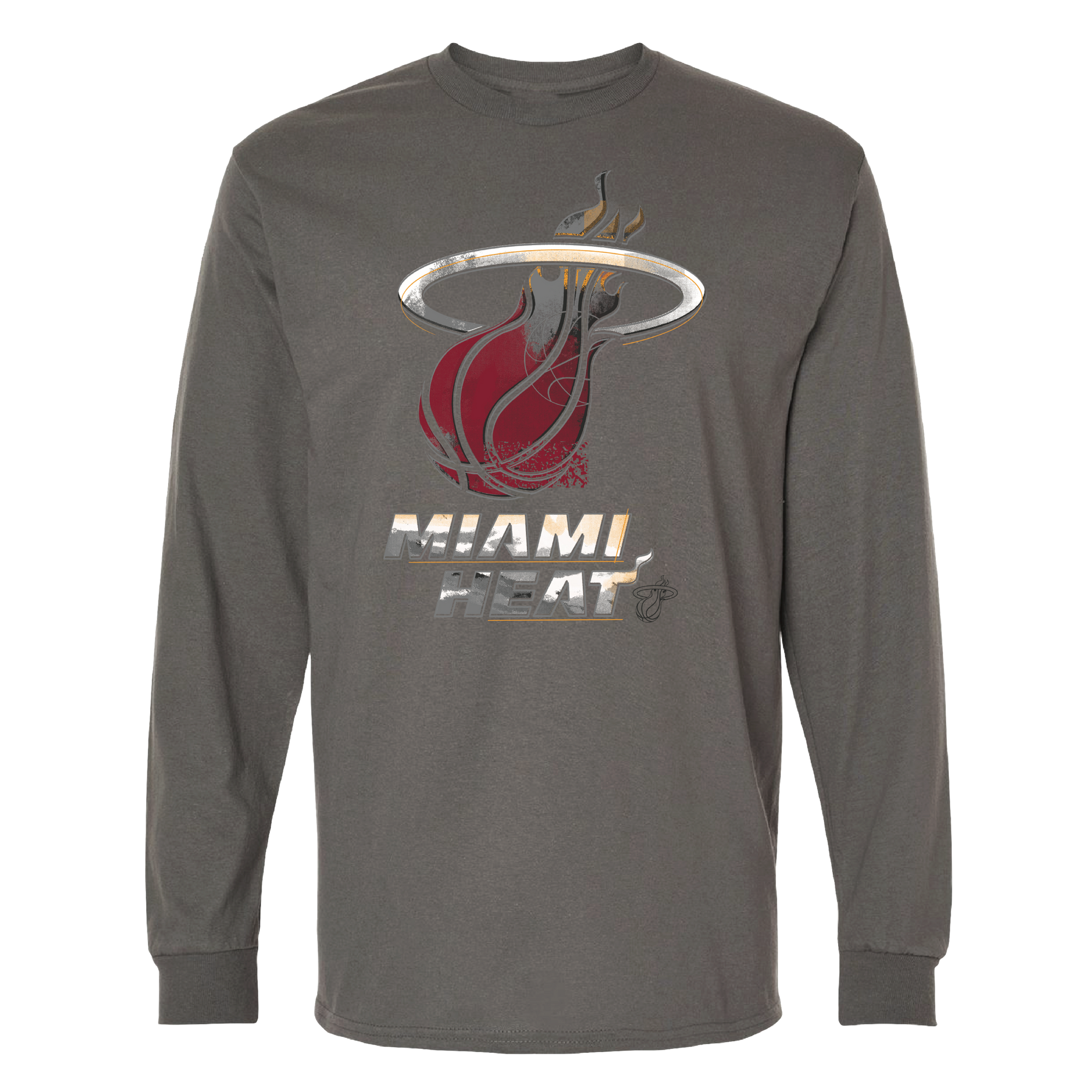 The Miami HEAT Spray Paint Long Sleeve Tee by Item Of The Game is a gray cotton shirt with a metallic Heat logo and 