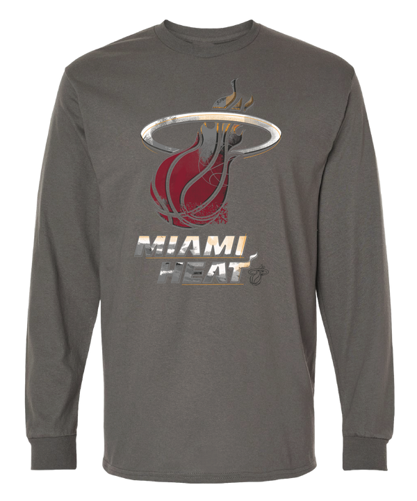 The Miami HEAT Spray Paint Long Sleeve Tee by Item Of The Game is a gray cotton shirt with a metallic Heat logo and 