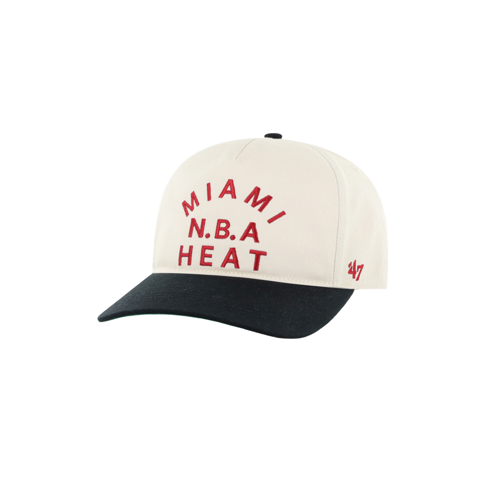 Cream-colored ’47 Brand x Faherty Miami HEAT Hitch Snapback featuring a black brim and red MIAMI N.B.A HEAT flat embroidery on the front.