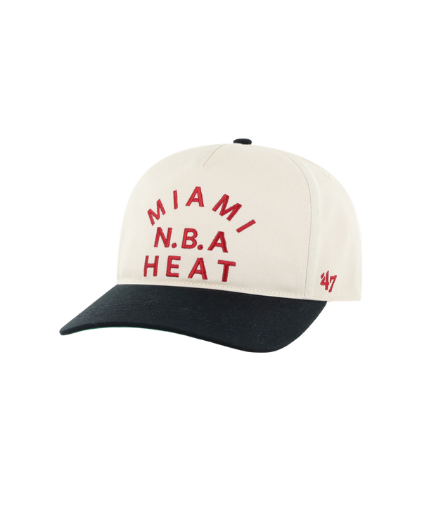 Cream-colored ’47 Brand x Faherty Miami HEAT Hitch Snapback featuring a black brim and red MIAMI N.B.A HEAT flat embroidery on the front.