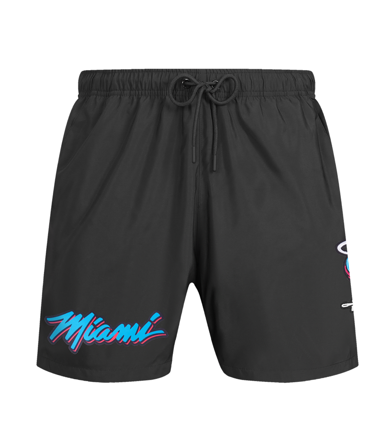 The Pro Standard Miami HEAT Original Vice Nights Woven Shorts feature a drawstring waist, standard fit, “Miami” script in blue and pink on the left leg, a flaming basketball logo on the right, and are machine washable for easy care.