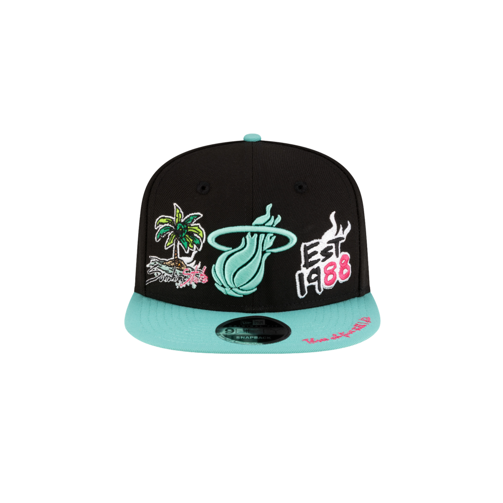 The Court Culture Original Vice Nights Patch Snapback is a black and turquoise polyester hat featuring sewn graphics of a flaming basketball, palm trees, EST 1988, and pink script on the teal brim; one size fits most.