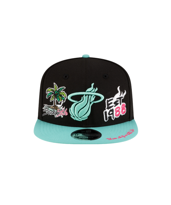 The Court Culture Original Vice Nights Patch Snapback is a black and turquoise polyester hat featuring sewn graphics of a flaming basketball, palm trees, EST 1988, and pink script on the teal brim; one size fits most.