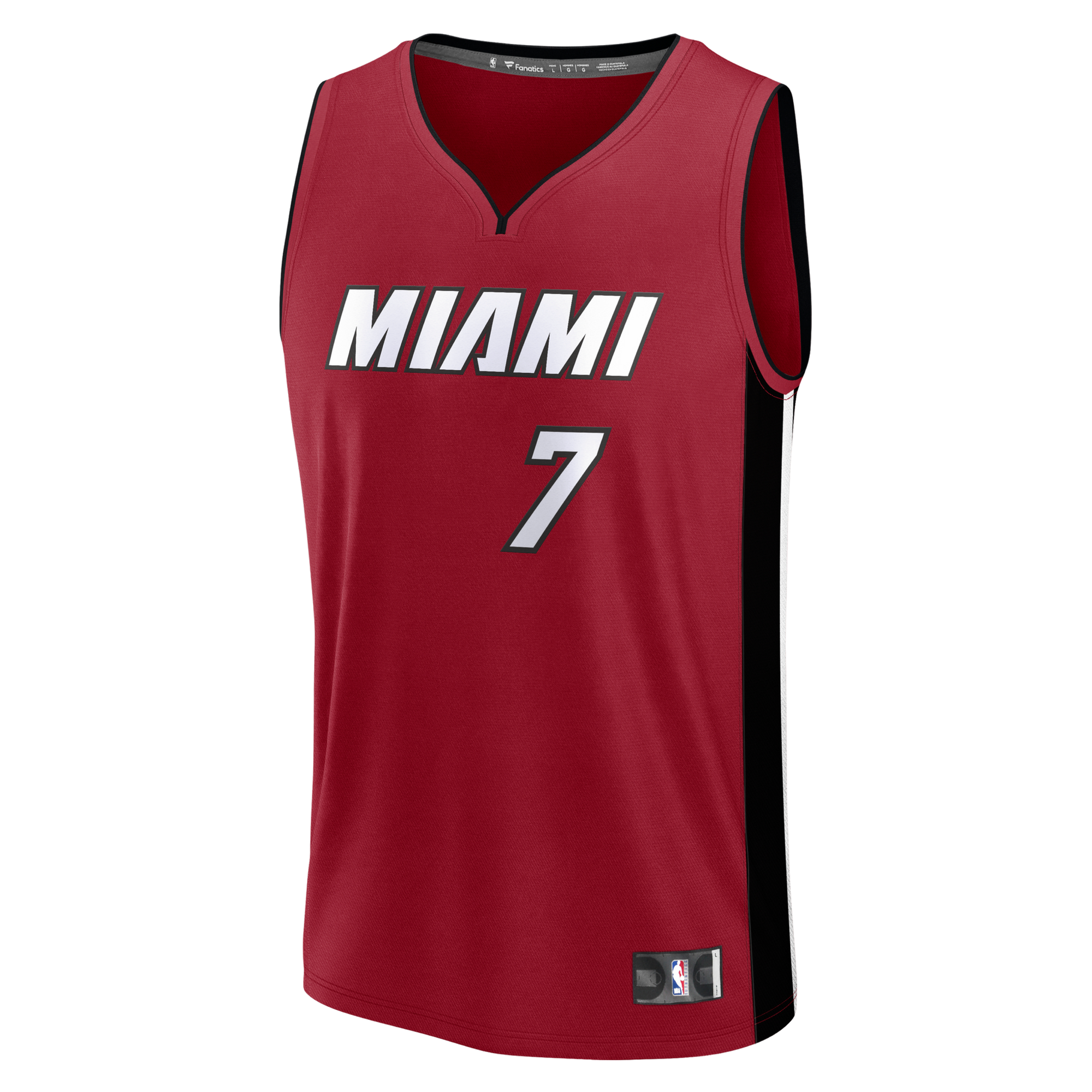 Showcasing the Giannis Antetokounmpo Miami HEAT Statement Red Replica Jersey by Fanatics, this sleeveless red basketball jersey features striking black side panels, bold white MIAMI lettering, and the number 7 on the front. Authentic NBA and Nike logos are visible at the neckline and bottom hem for a genuine touch. Modeled after Giannis Antetokounmpo’s style, it’s presented against a plain background—making it an ideal choice for dedicated Miami HEAT fans.