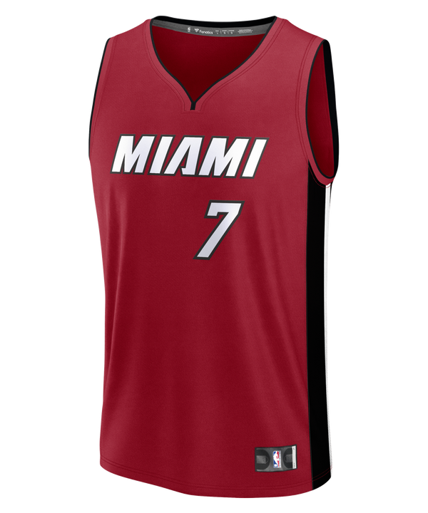 Showcasing the Giannis Antetokounmpo Miami HEAT Statement Red Replica Jersey by Fanatics, this sleeveless red basketball jersey features striking black side panels, bold white MIAMI lettering, and the number 7 on the front. Authentic NBA and Nike logos are visible at the neckline and bottom hem for a genuine touch. Modeled after Giannis Antetokounmpo’s style, it’s presented against a plain background—making it an ideal choice for dedicated Miami HEAT fans.