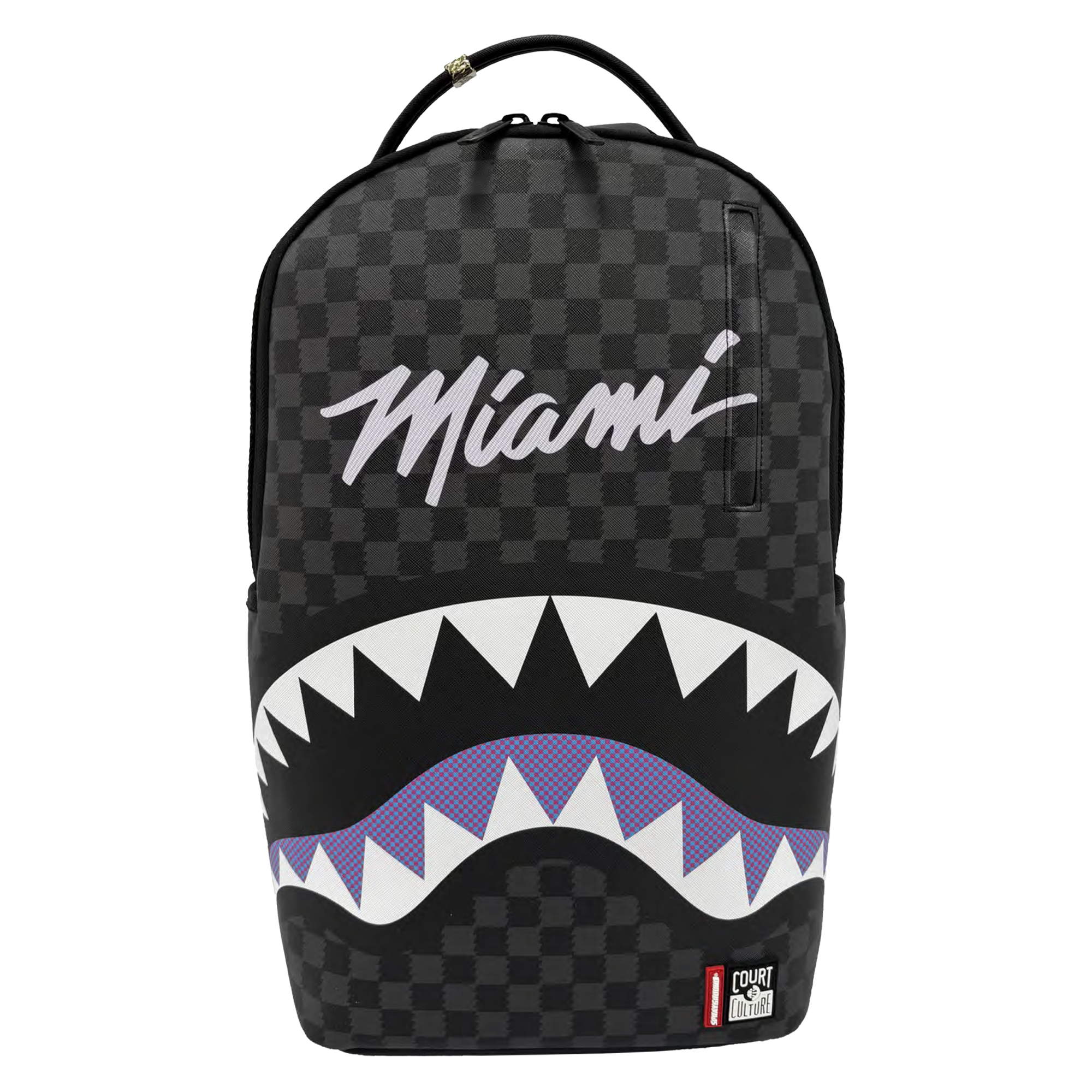 Introducing the Court Culture x Sprayground Miami HEAT Script Leather Backpack by Sprayground: This limited edition backpack showcases a black checkered design with “Miami” written in script at the top and a striking stylized shark mouth graphic in white, black, and purple on the front. For added functionality, it also features a laptop compartment for convenient organization.