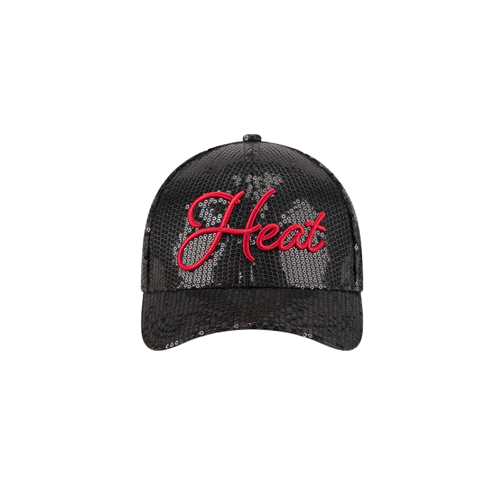 The New Era Miami HEAT Sequins Women’s Snapback is a black sequined baseball cap featuring “Heat” embroidered in red script on the front. This one-size hat from New Era is perfect for any fan, easy to spot clean, and is displayed against a plain white background.