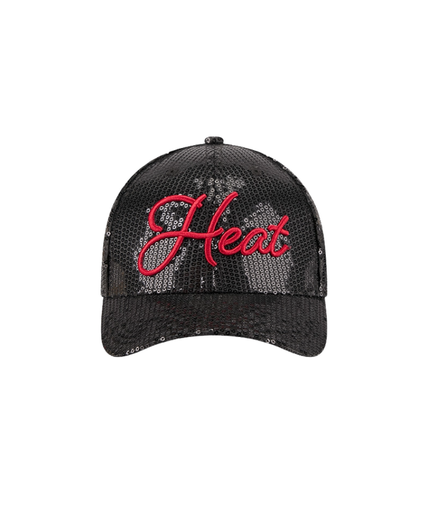 The New Era Miami HEAT Sequins Women’s Snapback is a black sequined baseball cap featuring “Heat” embroidered in red script on the front. This one-size hat from New Era is perfect for any fan, easy to spot clean, and is displayed against a plain white background.