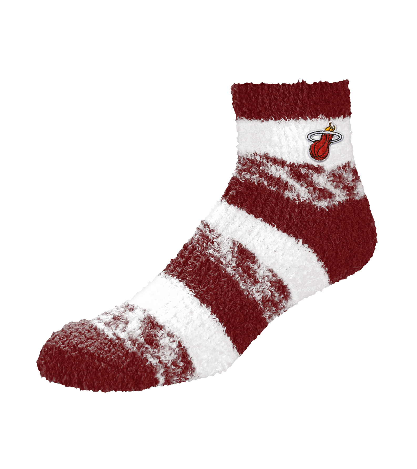 Slip into comfort with Miami HEAT Cozy Socks by For Bare Feet—women’s fuzzy, wide red and white striped socks featuring the team logo near the top, crafted from soft polyester for a textured look and standard fit.