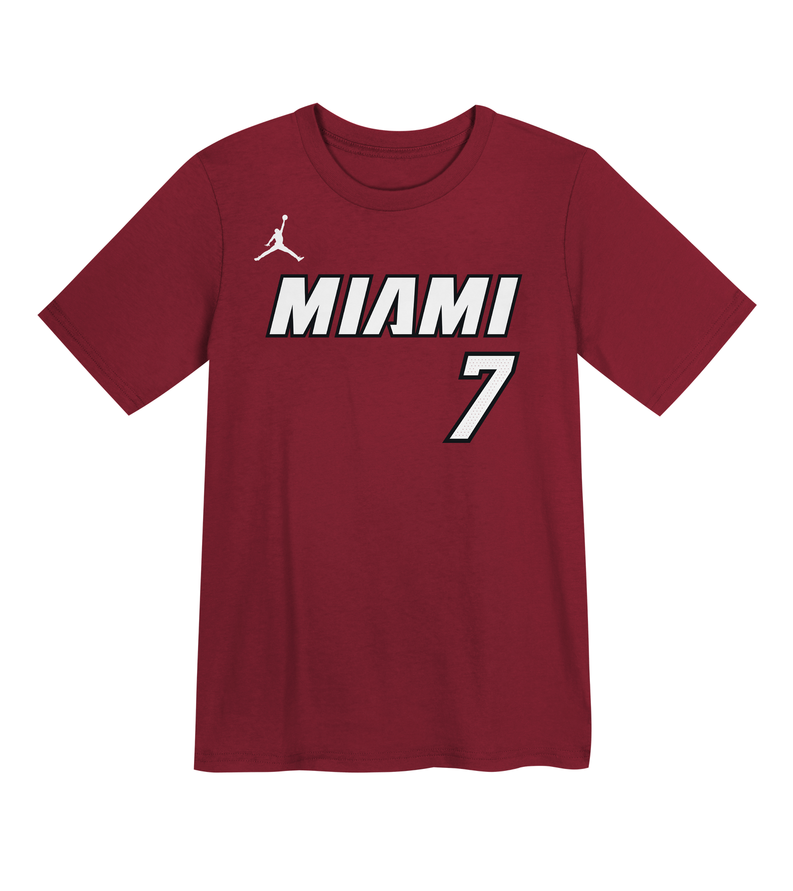 The Giannis Antetokounmpo Nike Jordan Brand Statement Red Name & Number Kids Tee by Nike features “MIAMI” in white lettering, a white number 7, and a white Jumpman logo on the chest. This maroon cotton t-shirt is designed in a standard fit and is machine washable for easy care.
