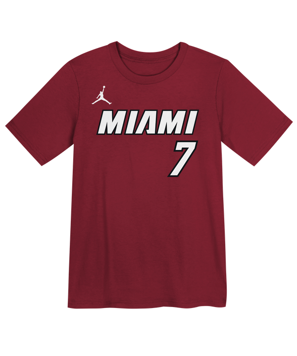 The Giannis Antetokounmpo Nike Jordan Brand Statement Red Name & Number Kids Tee by Nike features “MIAMI” in white lettering, a white number 7, and a white Jumpman logo on the chest. This maroon cotton t-shirt is designed in a standard fit and is machine washable for easy care.