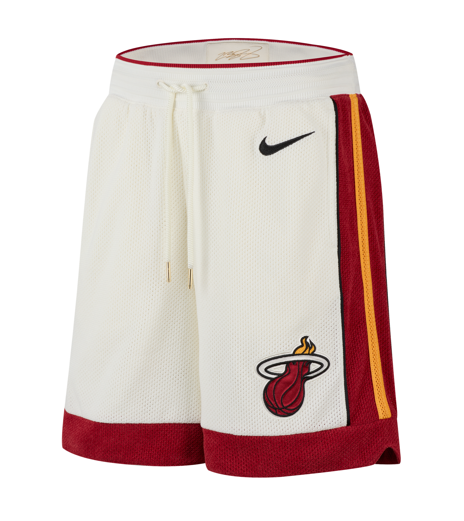 The Nike Miami HEAT LeBron James Forever King Shorts feature sweat-wicking Dri-FIT fabric, red and yellow side stripes, a red waistband and hem, black Nike logo on the left, and the official Miami HEAT team logo.