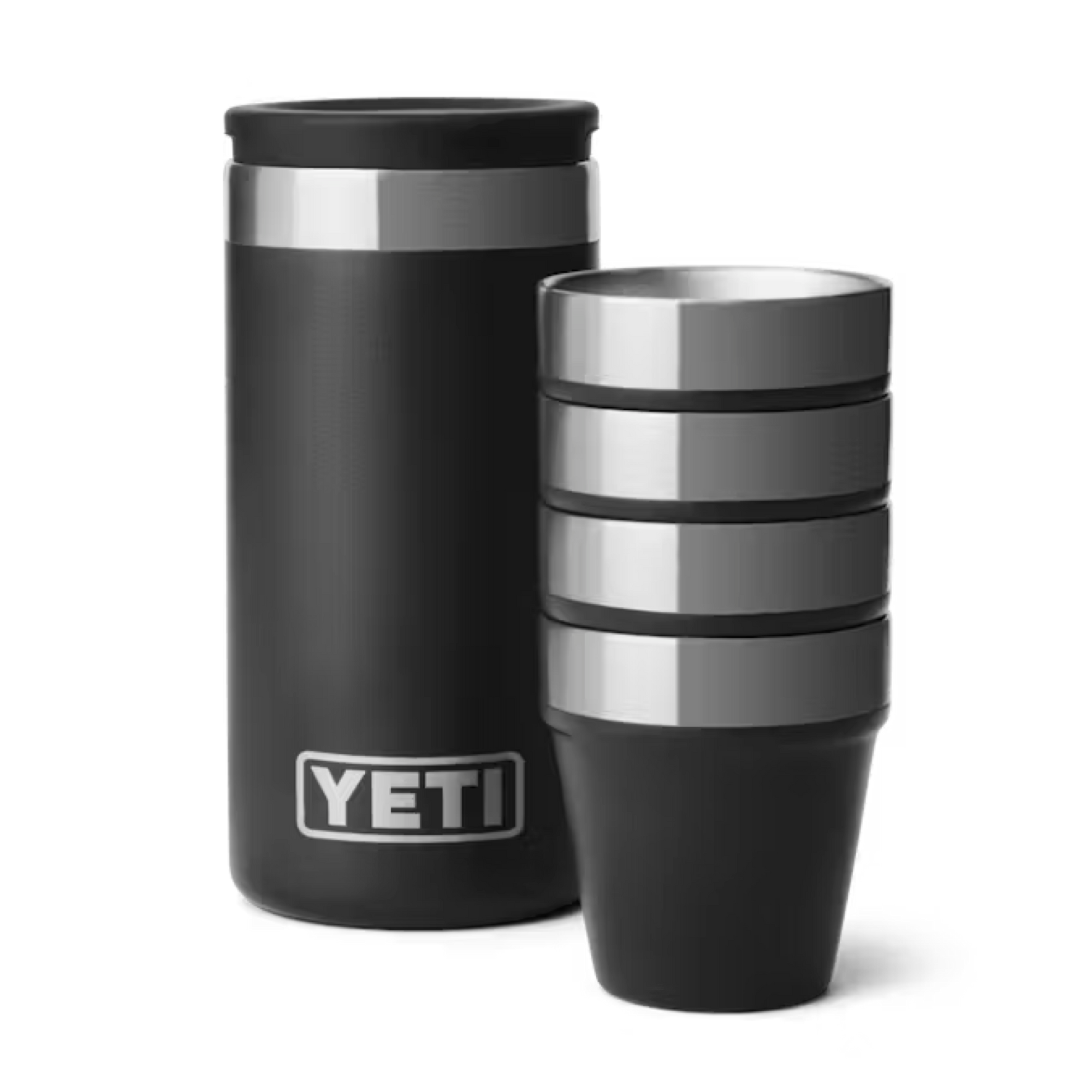 The Yeti Miami HEAT Shot Glass Set by Yeti features a sleek black and silver Rambler with four stacked stainless steel shot glasses, all showcasing a modern design on a white background.