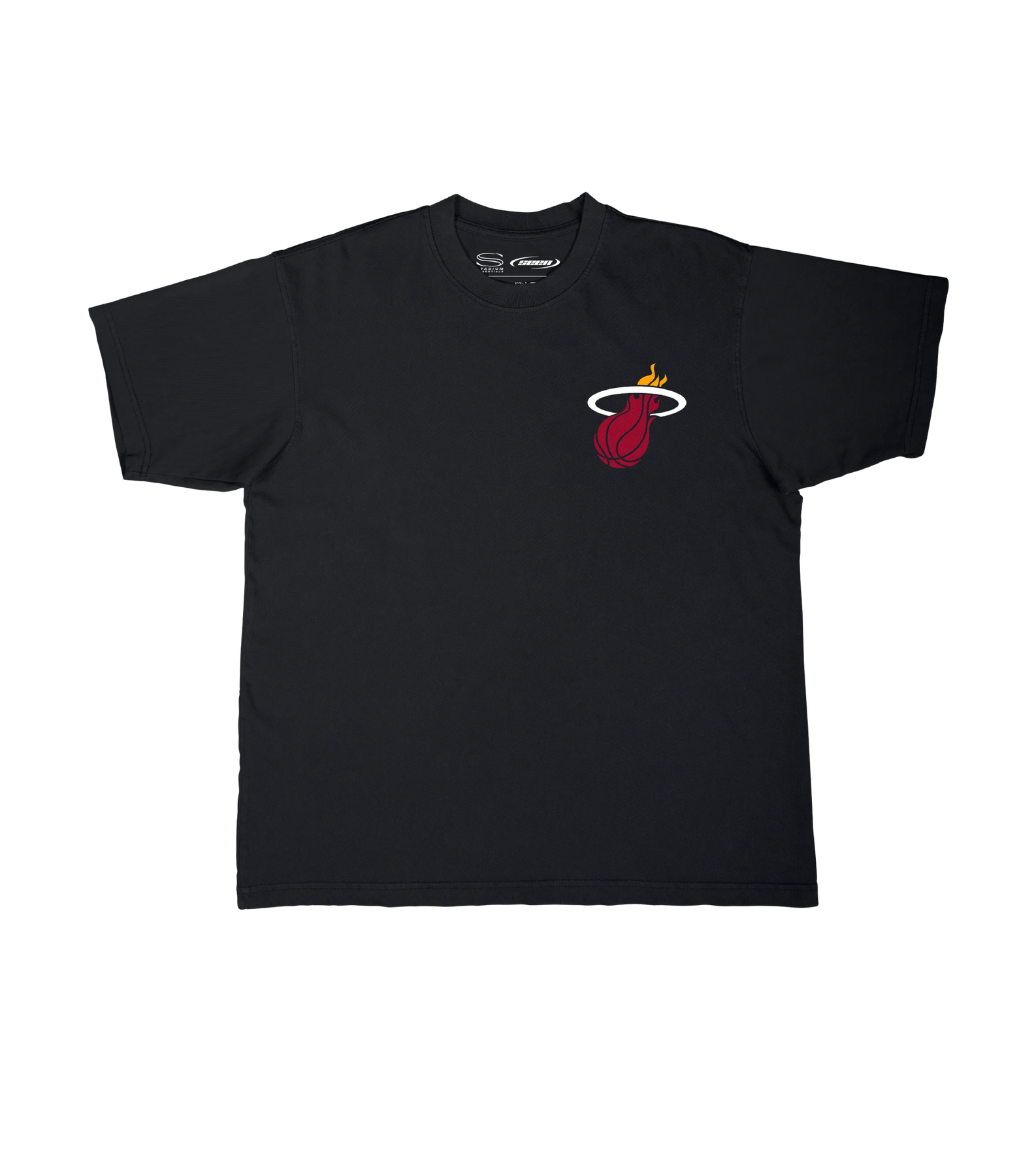 The Stadium Essentials Miami HEAT 'Sorry I Was Hooping' Tee is a black cotton shirt with the team logo on the left chest, shown on a white background. Machine wash cold to keep it comfortable and stylish.