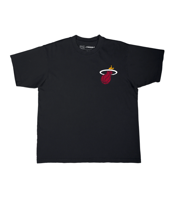 The Stadium Essentials Miami HEAT 'Sorry I Was Hooping' Tee is a black cotton shirt with the team logo on the left chest, shown on a white background. Machine wash cold to keep it comfortable and stylish.