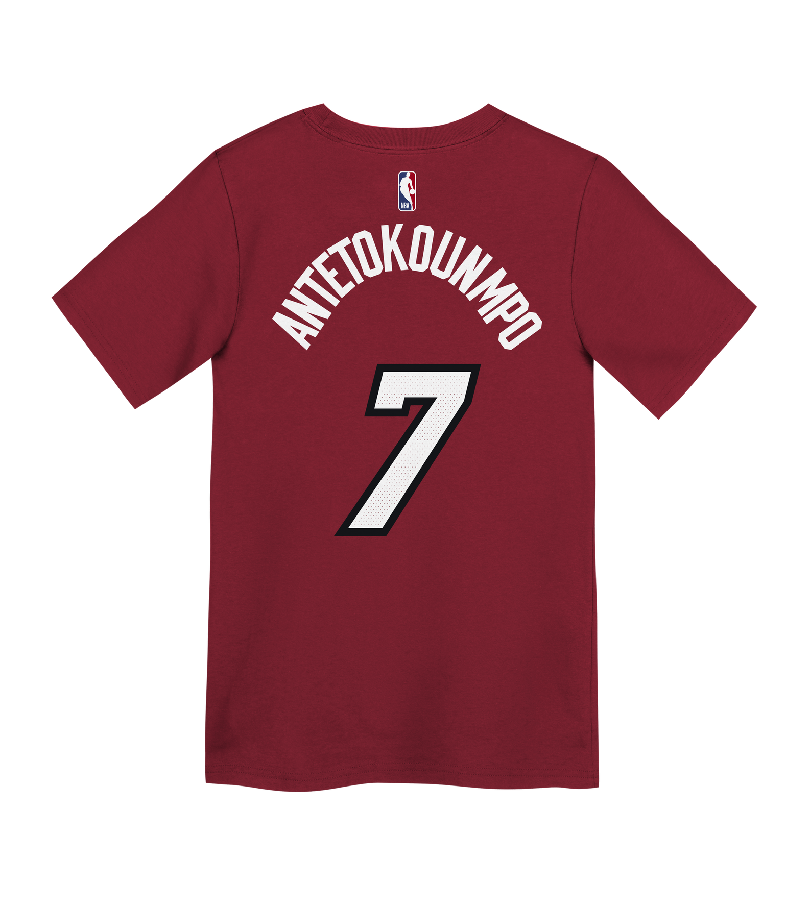 The Giannis Antetokounmpo Nike Jordan Brand Statement Red Name & Number Kids Tee by Nike features “ANTETOKOUNMPO” in bold white uppercase letters on the back, along with a large white number 7 outlined in black beneath the name. Designed for comfort with a standard fit, this tee is ideal for game day or casual wear.