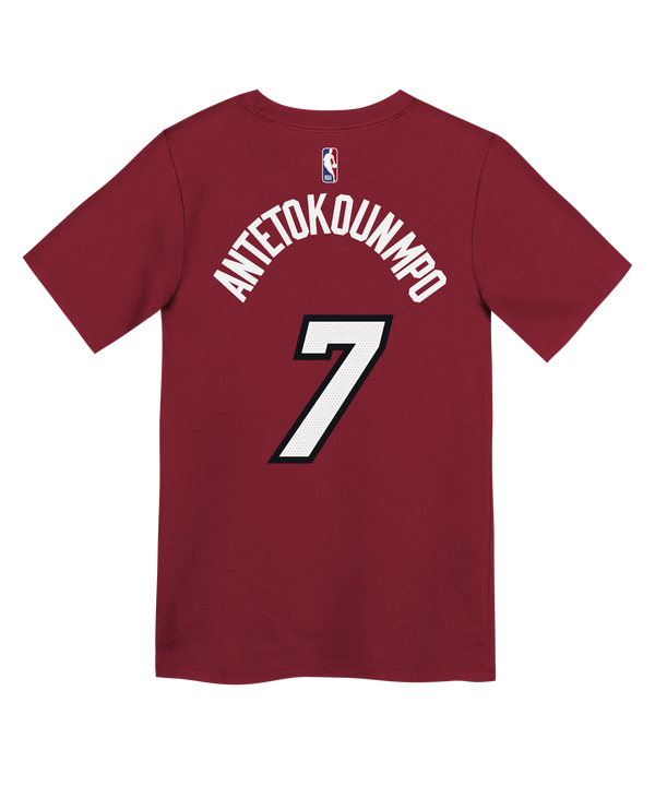 The Giannis Antetokounmpo Nike Jordan Brand Statement Red Name & Number Kids Tee by Nike features “MIAMI” in white lettering, a white number 7, and a white Jumpman logo on the chest. This maroon cotton t-shirt is designed in a standard fit and is machine washable for easy care.