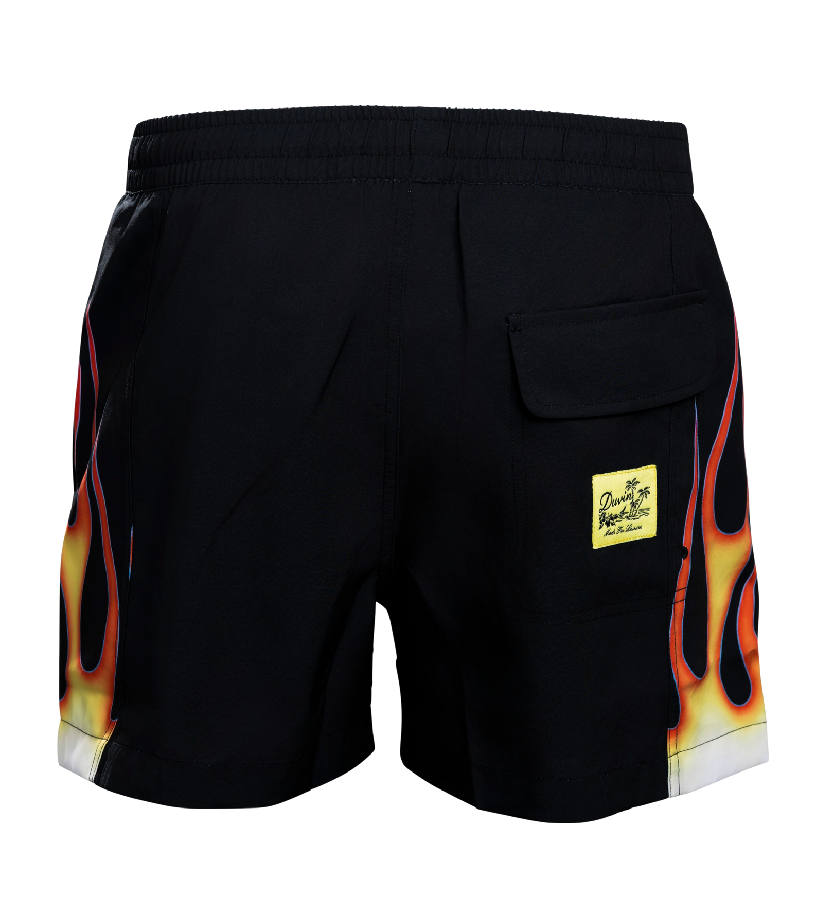 The Court Culture x Duvin “Heatwave” Swim Trunks by Court Culture feature black fabric with bold yellow and orange flame designs along the sides, a bright yellow patch above the back pocket, and an elastic waistband. Inspired by vintage volley shorts and reminiscent of iconic Miami HEAT swimwear, these quick-dry beach trunks are showcased from the back against a plain white background.