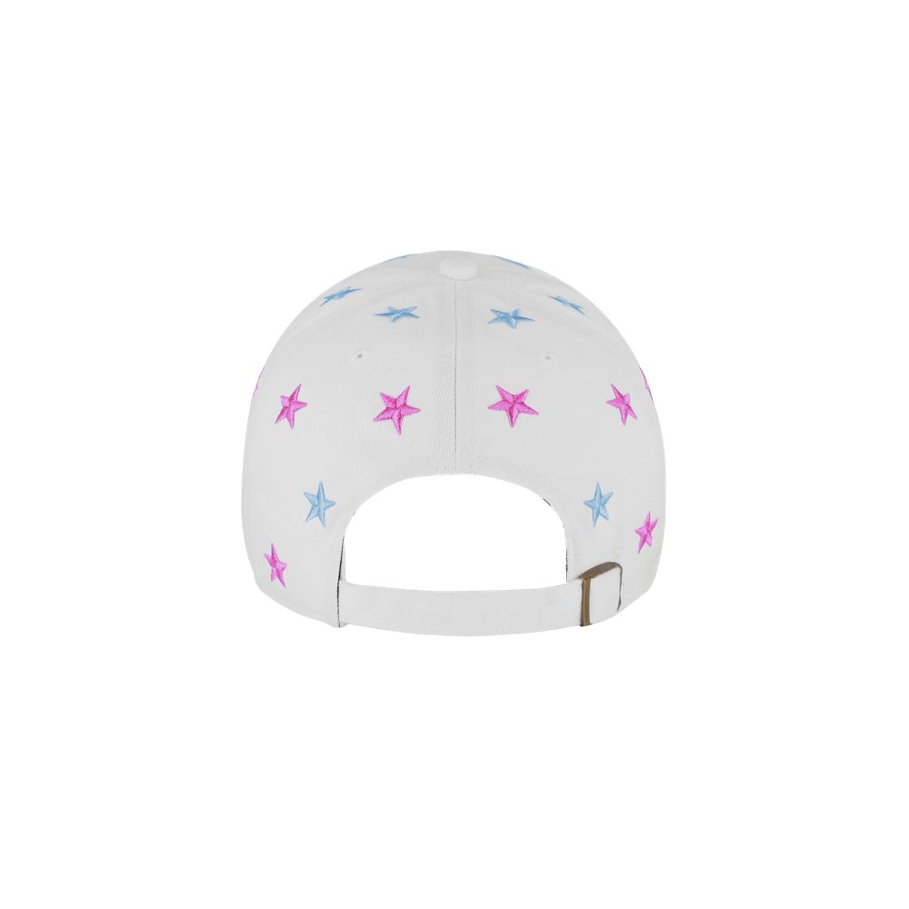 The '47 Brand Miami HEAT Original Vice Nights Star Dad Hat by '47 Brand is a white cotton cap shown from the back, featuring pink and blue embroidered stars, an adjustable metal-buckle strap, and 