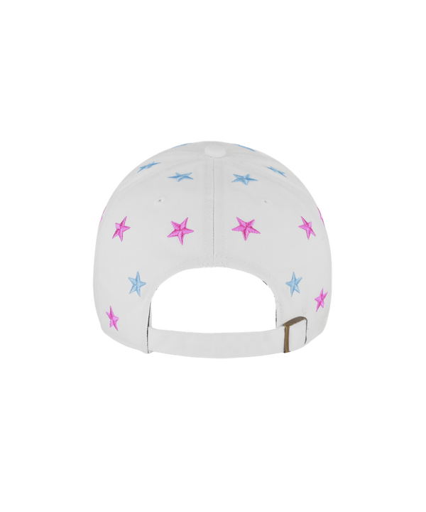 The '47 Brand Miami HEAT Original Vice Nights Star Dad Hat features a white cotton build, stylized blue and pink team logo, embroidered stars on the crown and brim. One size fits most; spot clean for best care.