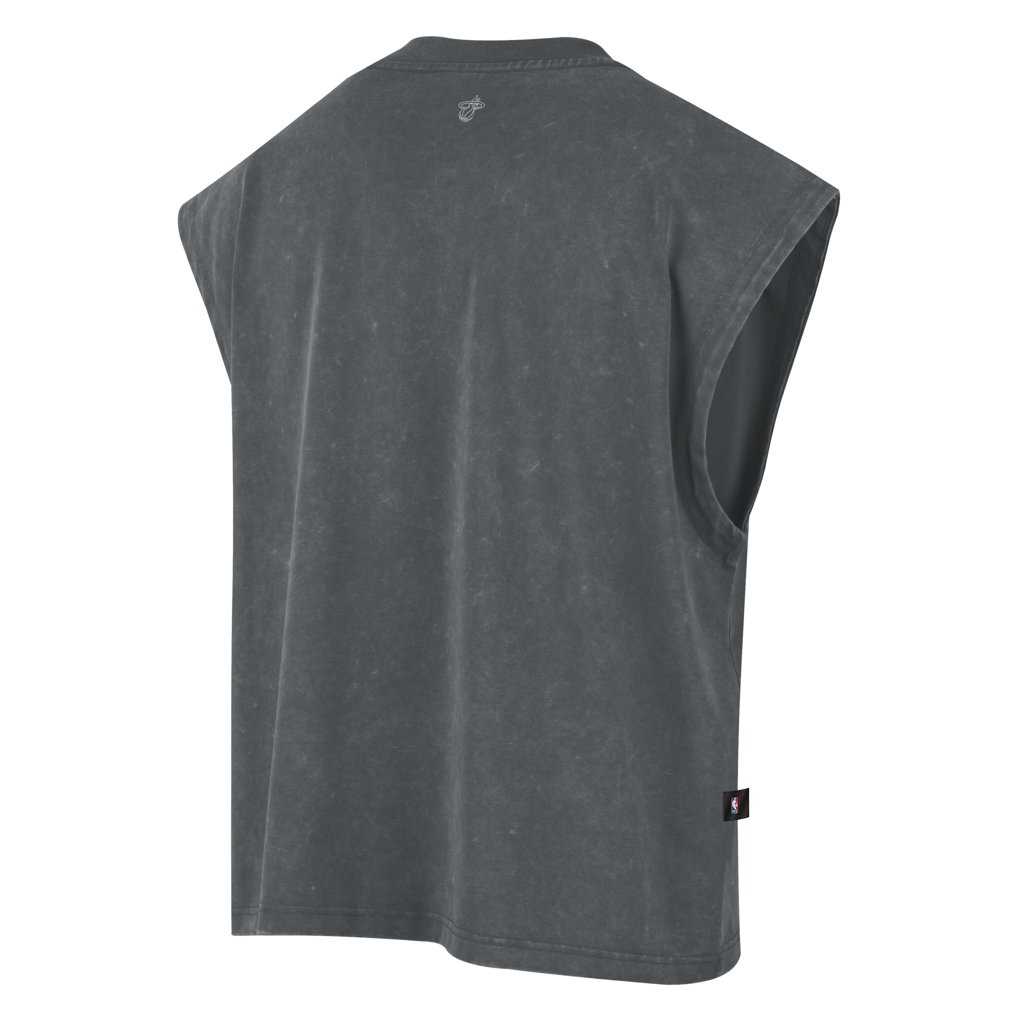 The Nike Miami HEAT Standard Issue Sleeveless Tee by Nike is displayed from the back against a white background. This sleeveless, dark gray shirt features a loose fit and sweat-wicking fabric with a faded, washed-out finish. Small tags are visible near the collar and hem—an ideal blend of comfort and style for Miami HEAT fans.