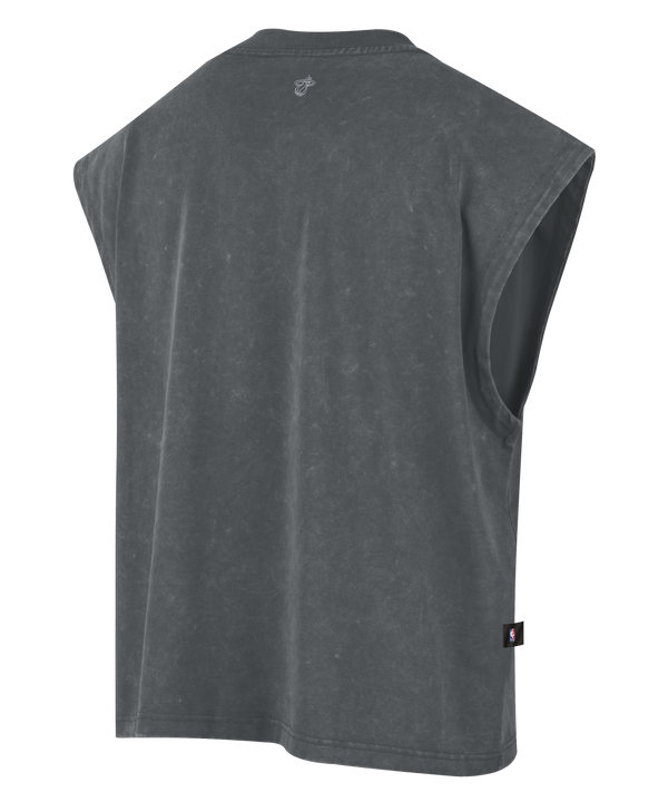 The Nike Miami HEAT Standard Issue Sleeveless Tee is a gray sleeveless T-shirt featuring a red and black abstract design inspired by the Miami HEAT, with a small white Nike logo near the front collar.