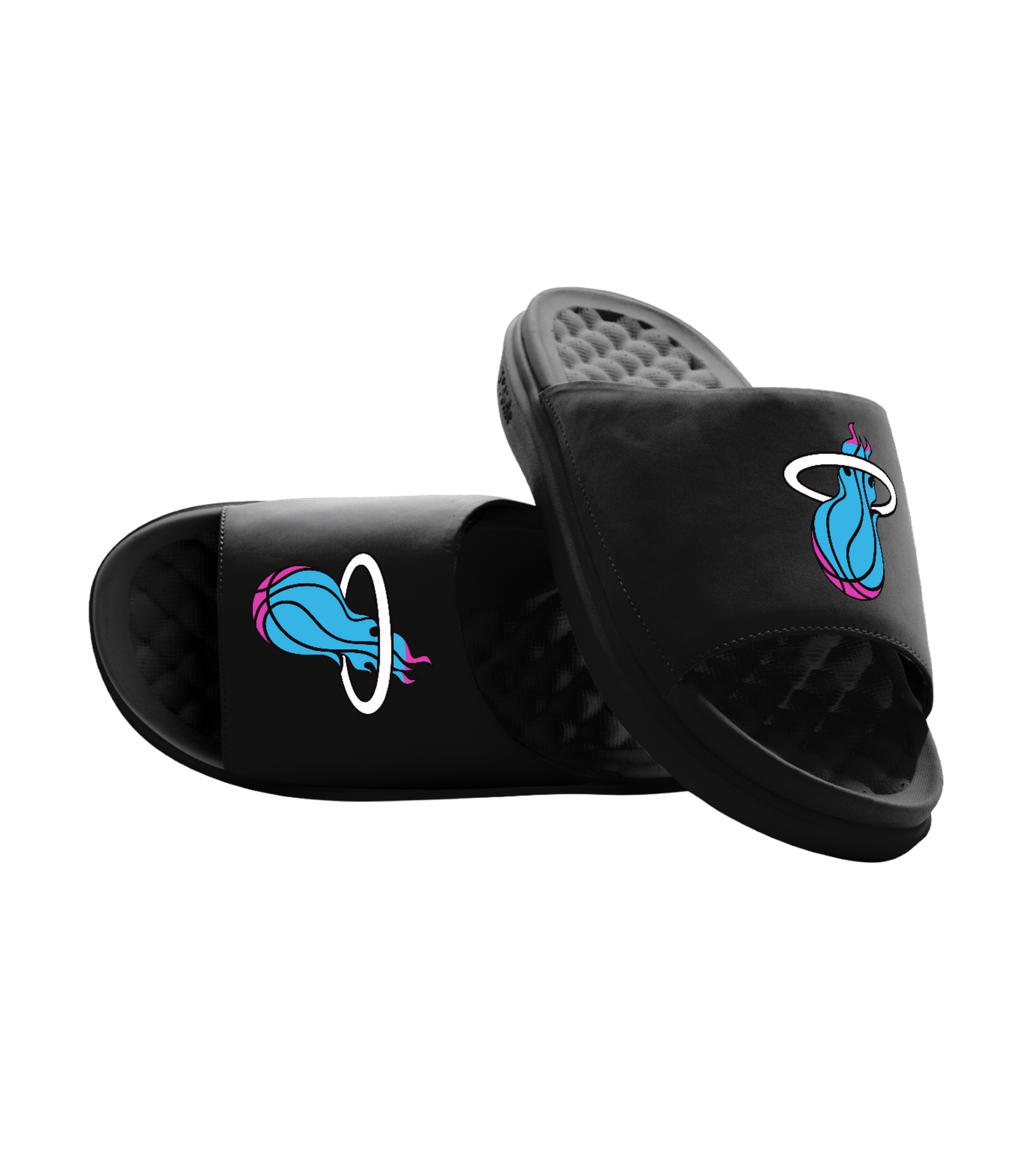 ISlide Miami HEAT Original Vice Nights Logo Sandals by ISlide, featuring black textured soles, a massaging footbed, and a stylized blue, pink, and white basketball logo on the top straps. Displayed against a plain white background.