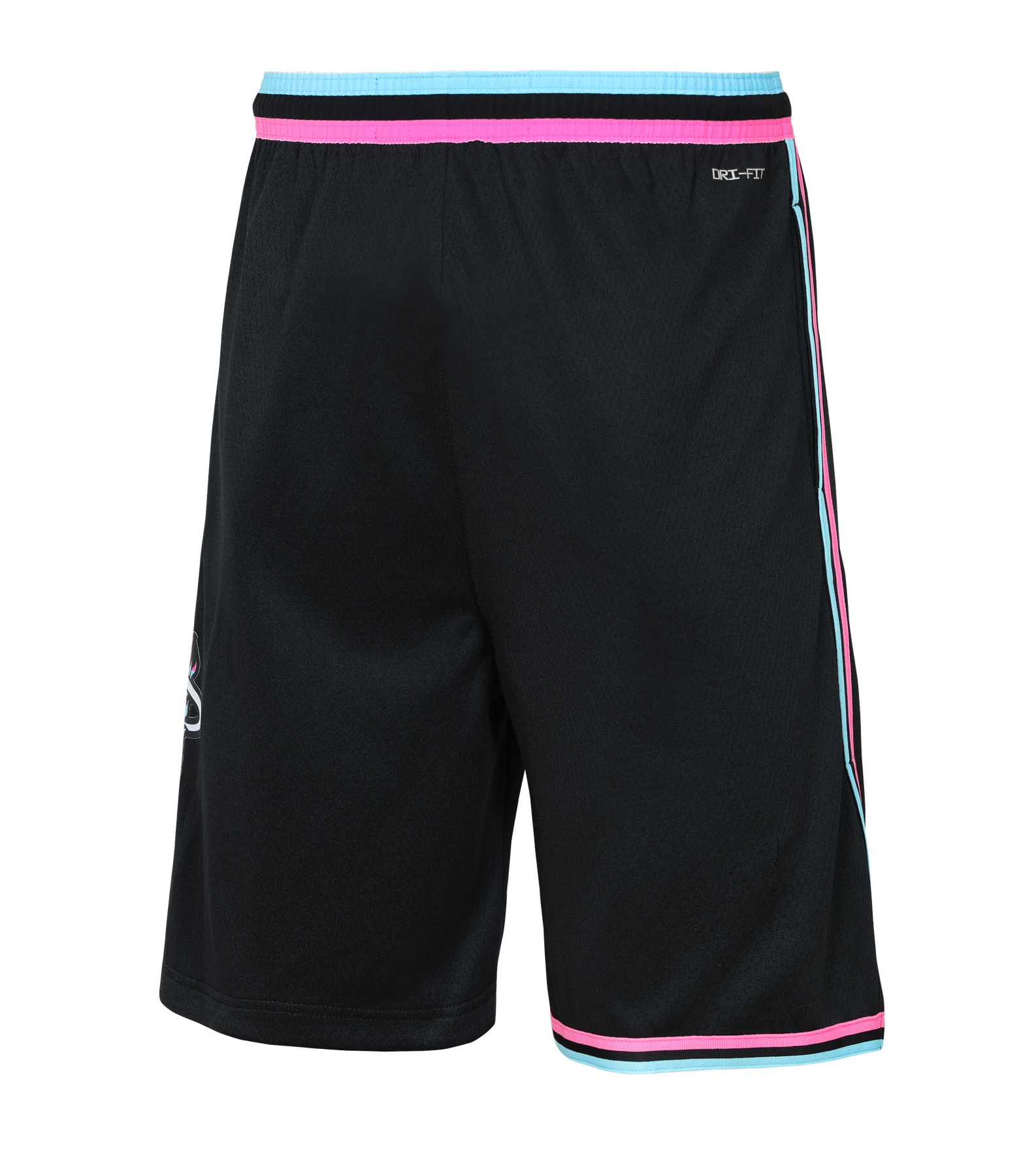 The Nike Miami HEAT Original Vice Nights Youth Swingman Shorts feature black polyester fabric with pink and aqua blue stripes on the waistband and cuffs, a Dri-FIT logo near the waist, side designs, standard fit, and are machine washable.