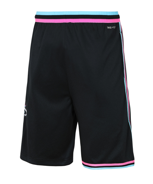 The Nike Miami HEAT Original Vice Nights Youth Swingman Shorts feature black polyester with pink, blue, and white trim, the Miami Heat logo, MH patch on the waistband, and a blue Nike swoosh. Standard fit; machine wash cold.