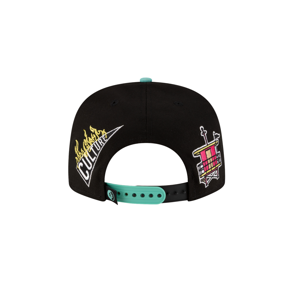 The Court Culture Original Vice Nights Patch Snapback is a black polyester cap with a blue adjustable strap, yellow flame 