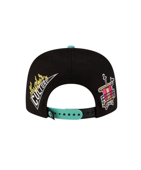 The Court Culture Original Vice Nights Patch Snapback is a black and turquoise polyester hat featuring sewn graphics of a flaming basketball, palm trees, EST 1988, and pink script on the teal brim; one size fits most.