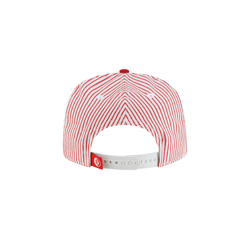 Back view of a white Court Culture x New Era Pinstripes snapback hat featuring thin red vertical pinstripes, an adjustable strap, and a red button on top.