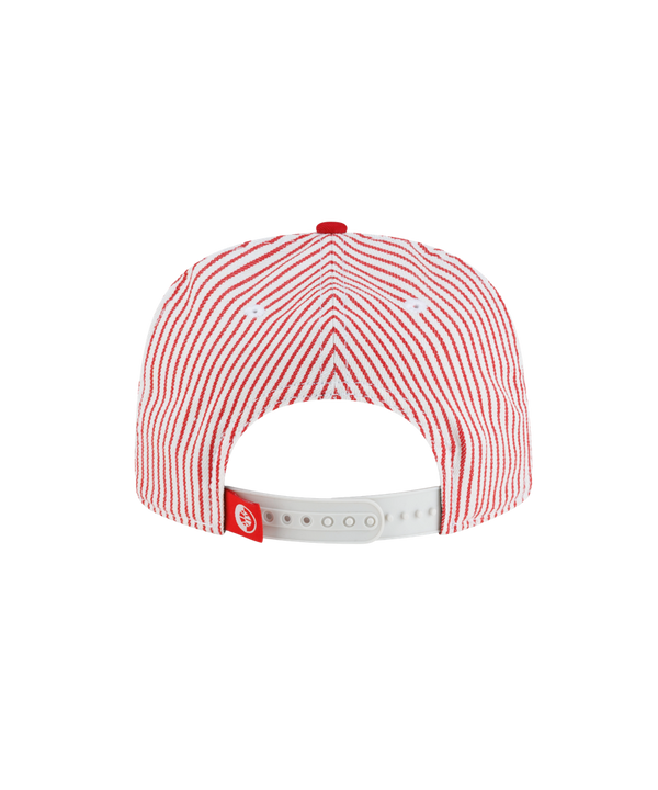Court Culture x New Era Pinstripes snapback cap featuring a white and red pinstripe crown, a red brim, and red script Miami embroidery on the front.