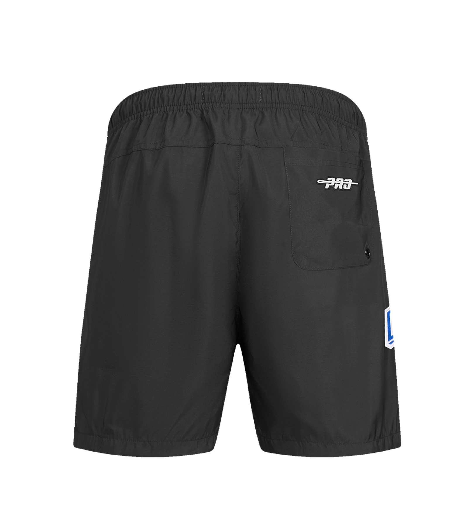 Back view of Pro Standard Miami HEAT Original Vice Nights Woven Shorts: black, standard fit, elastic waistband, right rear pocket with small white logo above it, blue patch on left side. Machine washable for easy care.