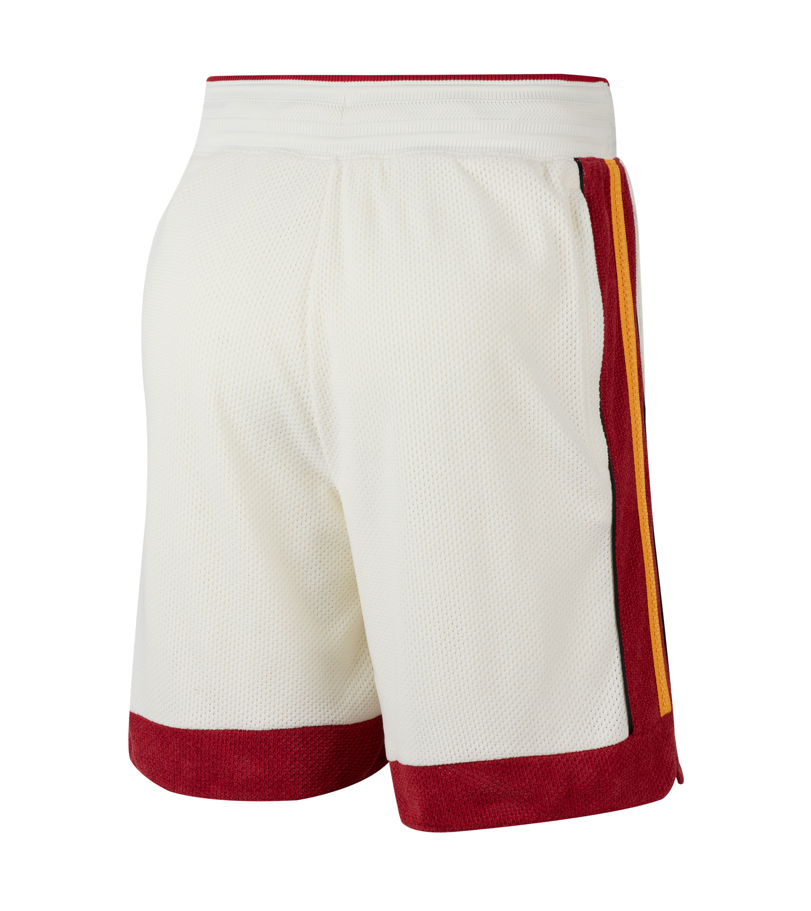 The Miami HEAT LeBron James Nike Forever King Shorts by Nike, shown from the back against a white background, feature a white sweat-wicking mesh, red waistband and hem, and a red and yellow vertical side stripe.