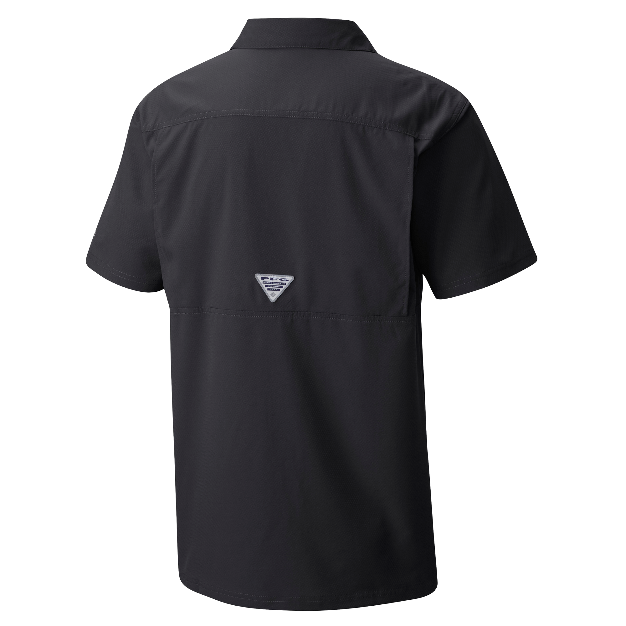 Back view of the Columbia Miami HEAT Original Vice Nights Slack Tide Shirt by Columbia Outdoor—a short-sleeve black collared shirt with a small triangular logo tag centered on the upper back. This standard fit is lightweight, smooth, and machine washable for easy care.