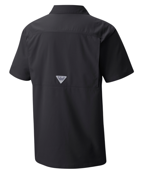 The Columbia Miami HEAT Original Vice Nights Slack Tide Shirt by Columbia Outdoor is a black, short-sleeve button-up with a collar, chest pocket, blue 