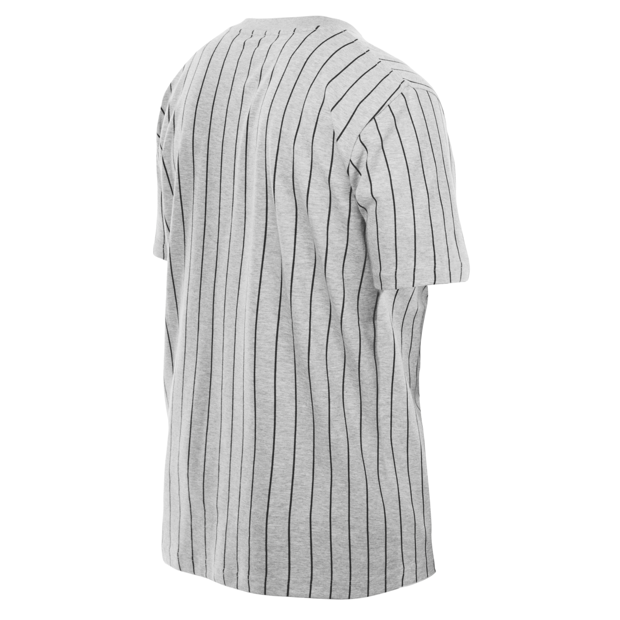 The New Era Miami HEAT Original Vice Nights Striped Tee features thin black stripes on gray, shown from the back at a slight angle. Made from a cotton-polyester blend, this standard fit t-shirt is comfortable and machine washable.