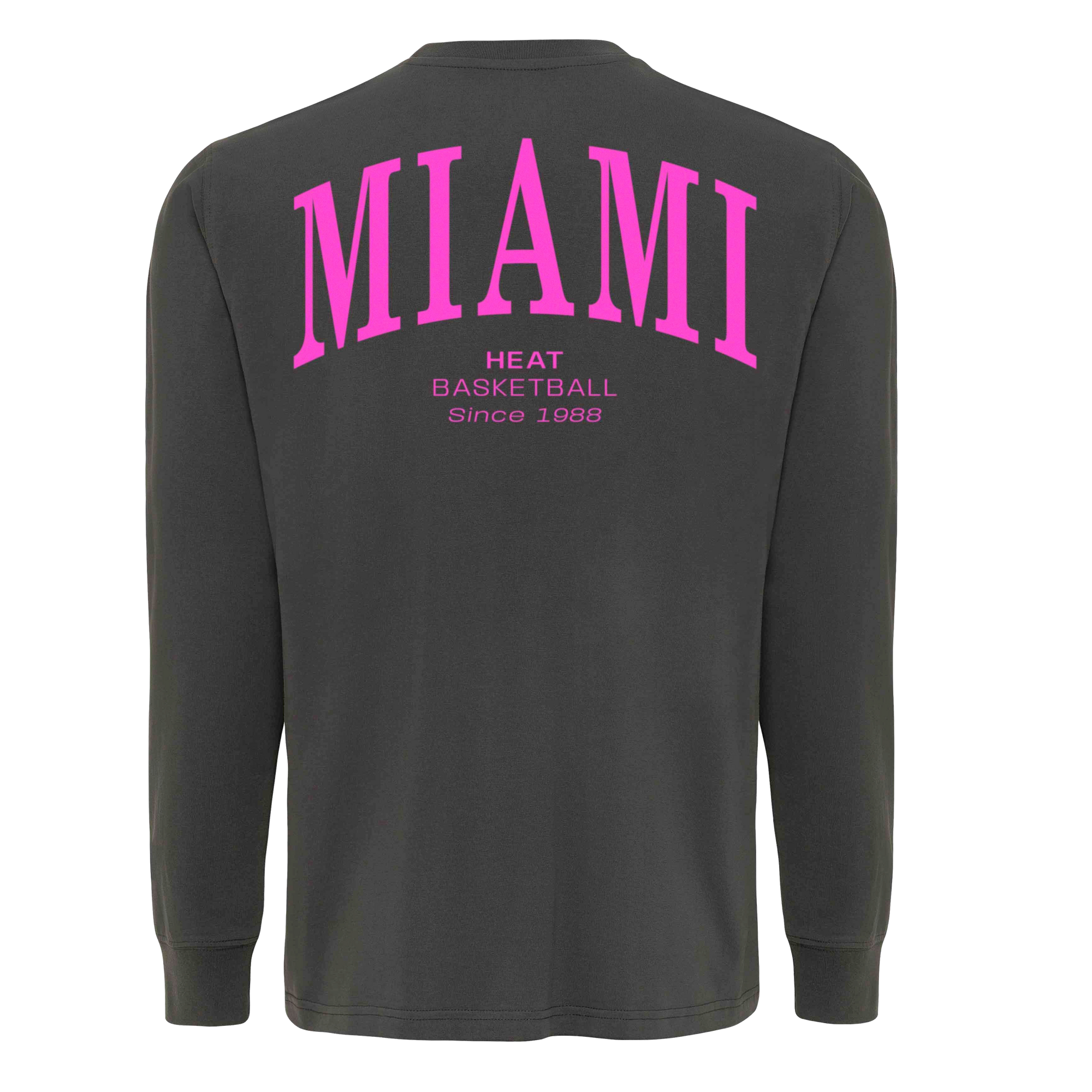 The Sportiqe Miami HEAT Original Vice Nights Sherwood Long Sleeve Tee features a standard fit, black cotton fabric, and “MIAMI” in large pink letters on the back above “HEAT BASKETBALL Since 1988.” Comfortable, machine washable.