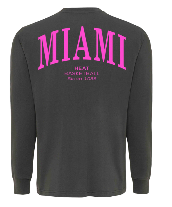The Sportiqe Miami HEAT Original Vice Nights Sherwood Long Sleeve Tee is a dark gray, standard fit cotton shirt with a small Miami Heat logo and 