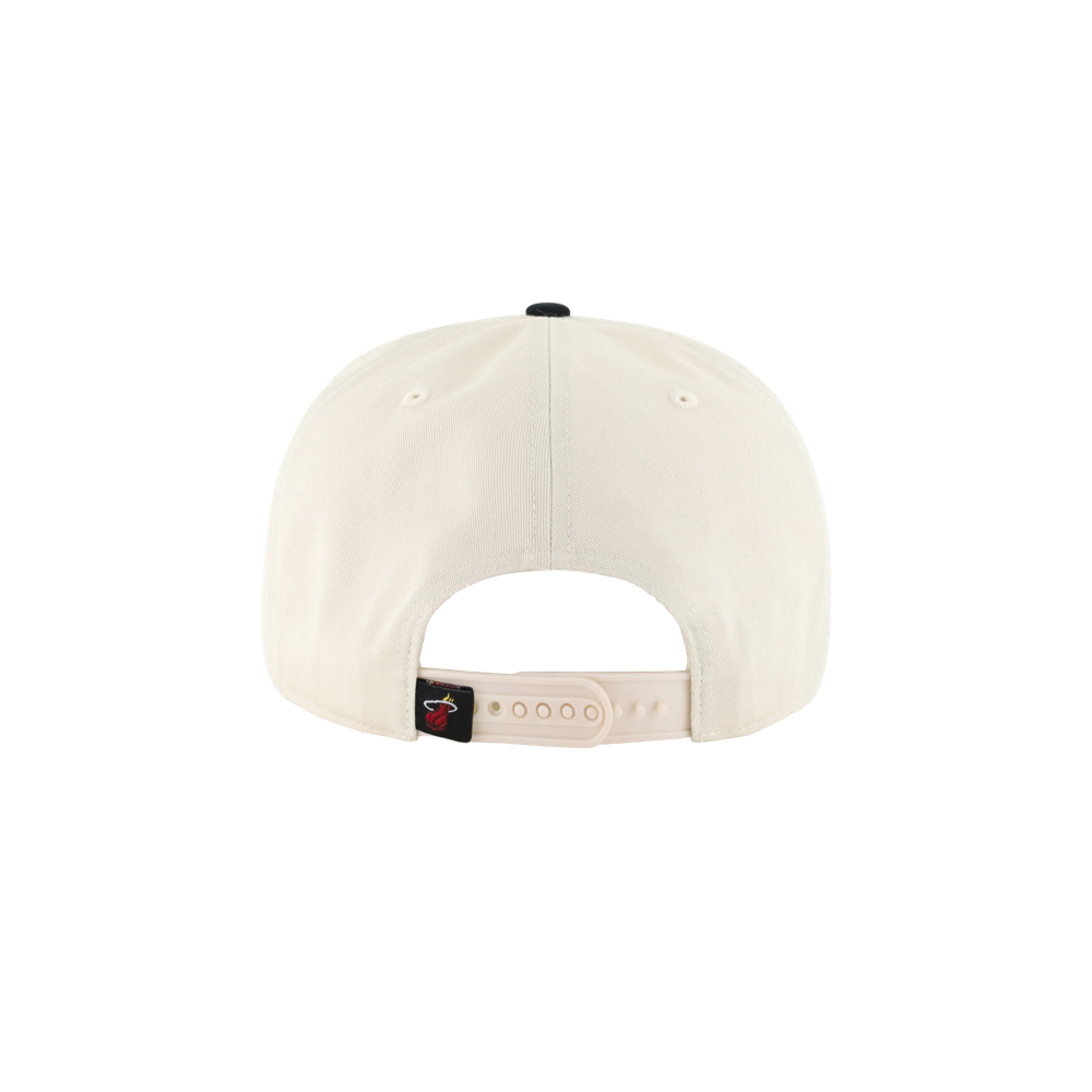 Back view of an off-white cotton ’47 Brand x Faherty Miami HEAT Hitch Snapback, featuring a black top button and a small Miami Heat logo tag on the adjustable strap.