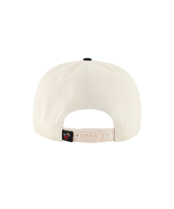 Cream-colored ’47 Brand x Faherty Miami HEAT Hitch Snapback featuring a black brim and red MIAMI N.B.A HEAT flat embroidery on the front.