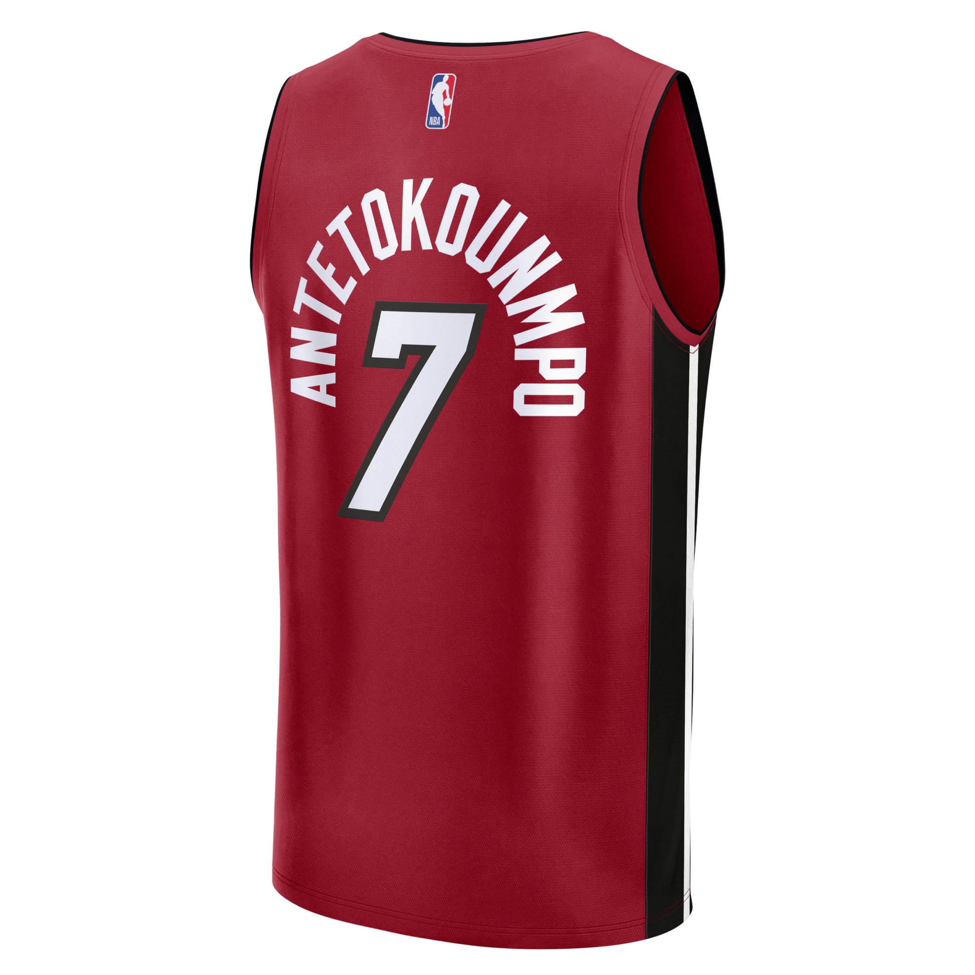 Show your support in style with the Giannis Antetokounmpo Miami HEAT Statement Red Replica Jersey by Fanatics. This officially licensed jersey features bold black and white side stripes, Antetokounmpo’s name and number 7 in white with a black outline on the back, and an NBA logo at the upper center.