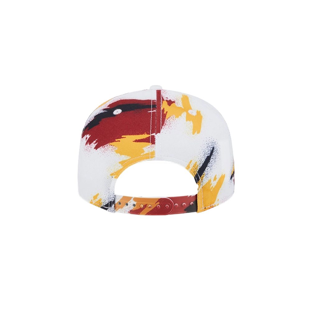 Back view of the New Era Miami HEAT Youth Paint Snapback, a polyester cap with an abstract design in red, yellow, black, and white. Features adjustable snapback closure. One size fits most and easy spot cleaning.